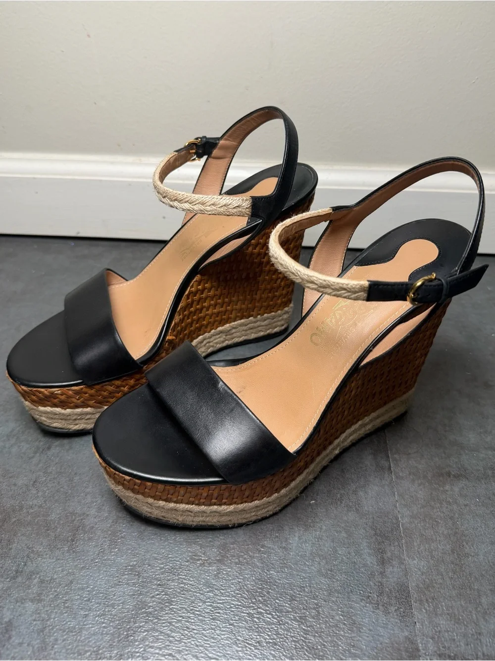 Salvatore Ferragamo Black Leather Espadrilles Wedge Sandal with Rope Ankle Strap